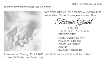 Traueranzeige von Theresia Göschl von Schwäbische Post