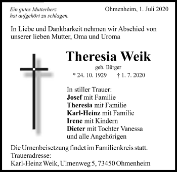 Traueranzeige von Theresia Weik von Schwäbische Post