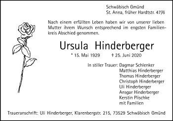 Traueranzeige von Ursula Hinderberger von Gmünder Tagespost