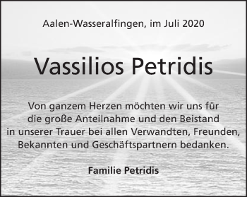 Traueranzeige von Vassilios Petridis von Schwäbische Post