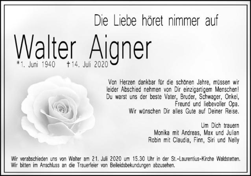  Traueranzeige für Walter Aigner vom 17.07.2020 aus Gmünder Tagespost