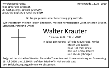 Traueranzeige von Walter Krauter von Schwäbische Post