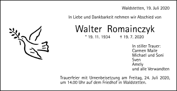 Traueranzeige von Walter Romainczyk von Gmünder Tagespost