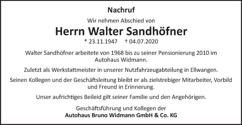  Traueranzeige für Walter Sandhöfner vom 21.07.2020 aus Schwäbische Post