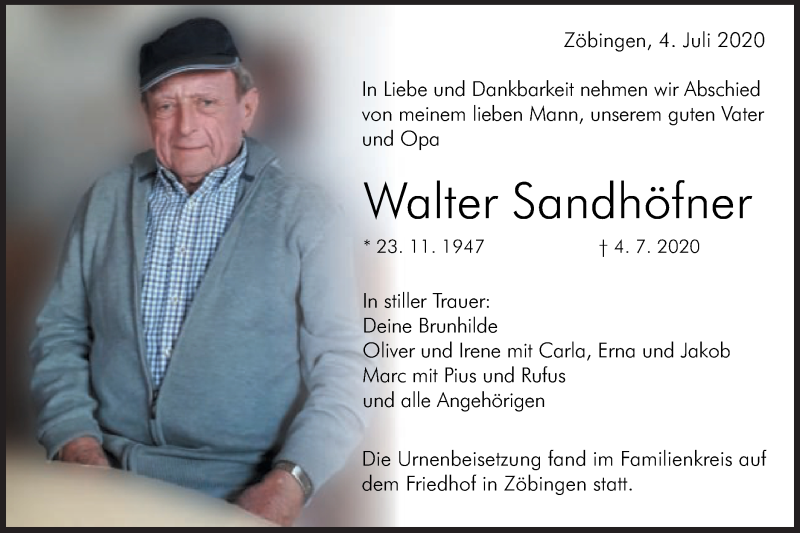  Traueranzeige für Walter Sandhöfner vom 18.07.2020 aus Schwäbische Post