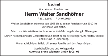 Traueranzeige von Walter Sandhöfner von Schwäbische Post
