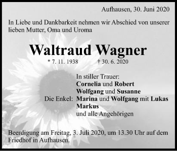 Traueranzeige von Waltraud Wagner von Schwäbische Post