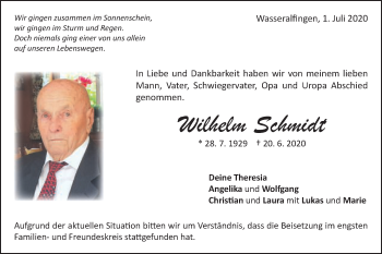 Traueranzeige von Wilhelm Schmidt von Schwäbische Post