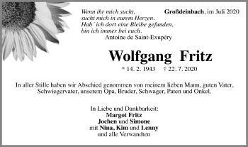 Traueranzeige von Wolfgang Fritz  von Gmünder Tagespost