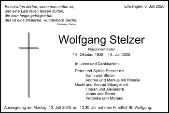 Traueranzeige von Wolfgang Stelzer von Schwäbische Post