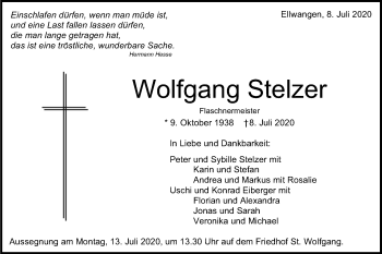 Traueranzeige von Wolfgang Stelzer