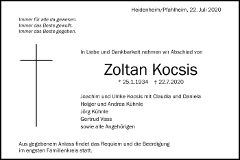 Traueranzeige von Zoltan Kocsis von Schwäbische Post