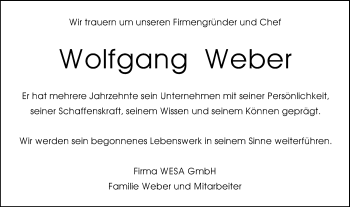 Traueranzeige von Wolfgang Weber
