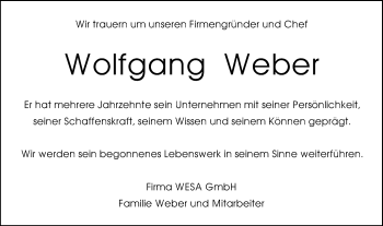 Traueranzeige von Wolfgang Weber von Gmünder Tagespost