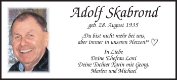 Traueranzeige von Adolf Skabrond Skabrond von Schwäbische Post