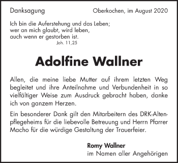 Traueranzeige von Adolfine Wallner von Amtsblatt_Oko