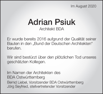 Traueranzeige von Adrian Psiuk von Schwäbische Post
