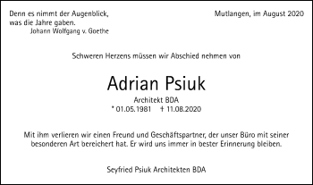 Traueranzeige von Adrian Psiuk von Schwäbische Post