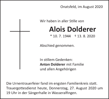 Traueranzeige von Alois Dolderer von Schwäbische Post