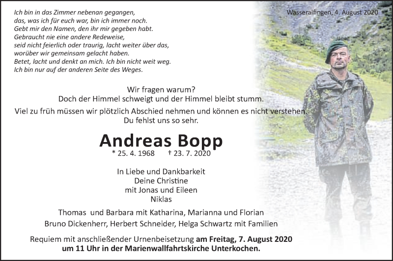  Traueranzeige für Andreas Bopp vom 04.08.2020 aus Schwäbische Post