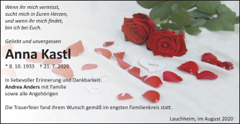 Traueranzeige von Anna Kastl von Schwäbische Post