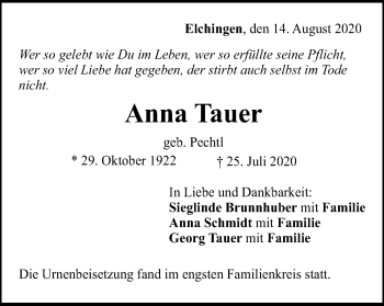 Traueranzeige von Anna Tauer von Schwäbische Post