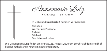 Traueranzeige von Annemarie Lutz von Schwäbische Post