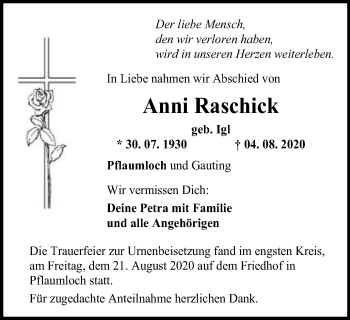 Traueranzeige von Anni Raschick von Schwäbische Post