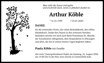 Traueranzeige von Arthur Köble von Schwäbische Post