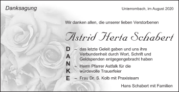 Traueranzeige von Astrid Herta Schabert von Schwäbische Post
