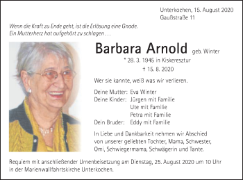 Traueranzeige von Barbara Arnold von Schwäbische Post