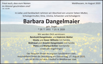 Traueranzeige von Barbara Dangelmaier von Schwäbische Post