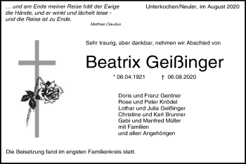 Traueranzeige von Beatrix Geißinger von Schwäbische Post