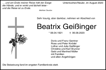 Traueranzeige von Beatrix Geißinger