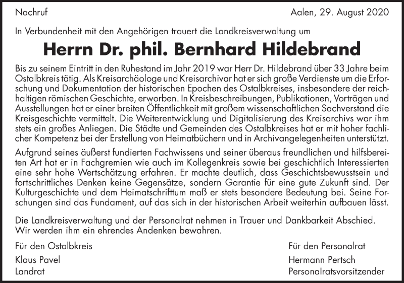  Traueranzeige für Bernhard Hildebrand vom 29.08.2020 aus Schwäbische Post