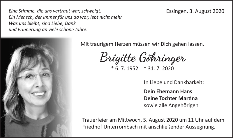  Traueranzeige für Brigitte Göhringer vom 03.08.2020 aus Schwäbische Post
