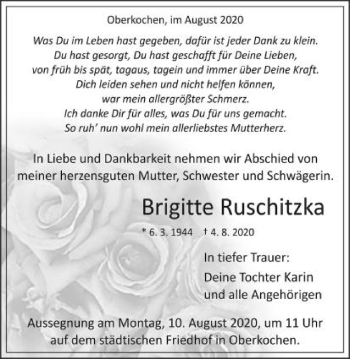 Traueranzeige von Brigitte Ruschitzka von Schwäbische Post