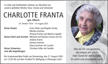 Traueranzeige von Charlotte Franta von Schwäbische Post