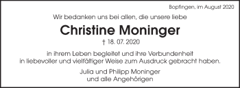 Traueranzeige von Christine Moninger von Schwäbische Post