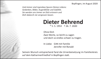 Traueranzeige von Dieter Behrend von Schwäbische Post