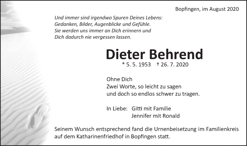  Traueranzeige für Dieter Behrend vom 01.08.2020 aus Schwäbische Post