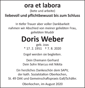 Traueranzeige von Doris Weber von Amtsblatt_Oko