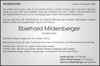 Traueranzeige von Eberhard Mildenberger von Schwäbische Post