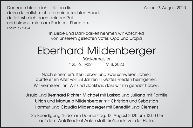  Traueranzeige für Eberhard Mildenberger vom 11.08.2020 aus Schwäbische Post