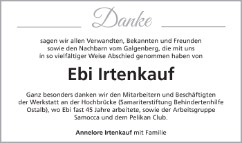 Traueranzeige von Ebi Irtenkauf von Schwäbische Post
