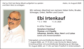Traueranzeige von Ebi Irtenkauf von Schwäbische Post