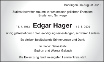 Traueranzeige von Edgar Hager von Schwäbische Post