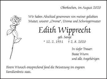 Traueranzeige von Edith Wipprecht von Schwäbische Post