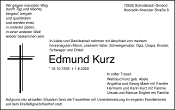 Traueranzeige von Edmund Kurz von Gmünder Tagespost