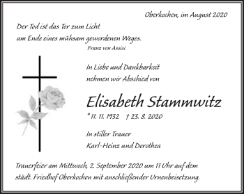 Traueranzeige von Elisabeth Stammwitz von Schwäbische Post